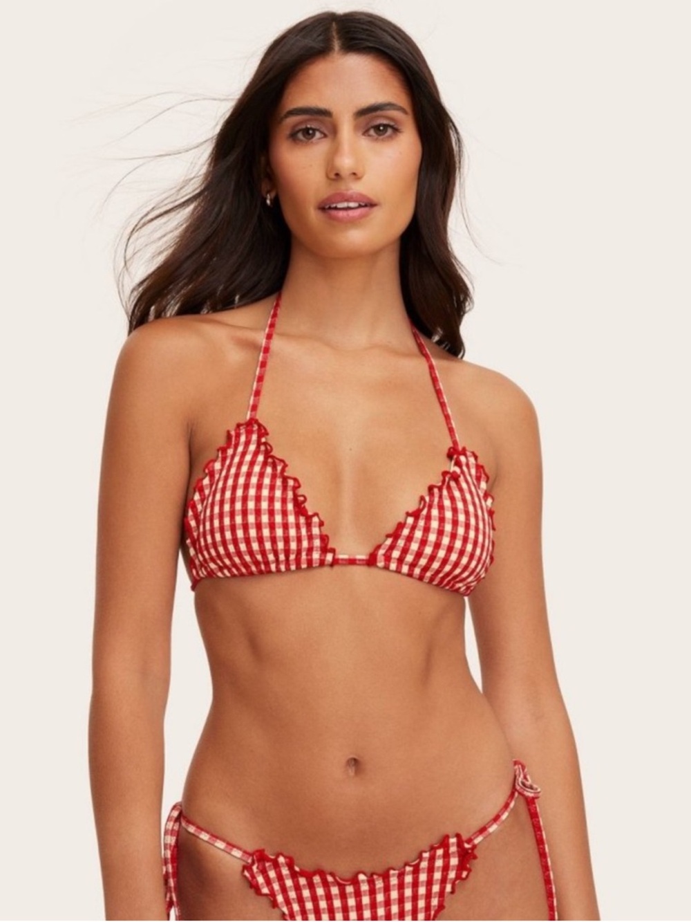 Red Gingham Ruffle Triangle Bikini Top - Picture 3 of 4